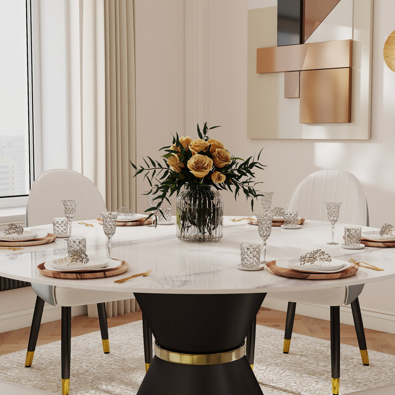 Benedic 6 - Person Modern Round Sintered Stone Dining Set with Pedestal Base, White, Gray