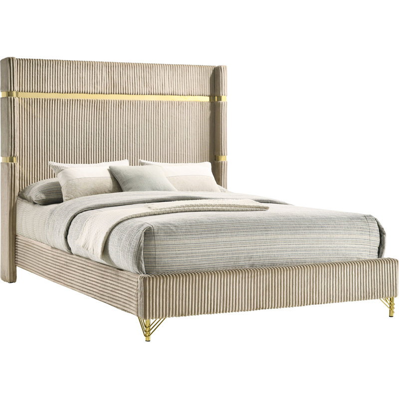 Beige Velvet Upholstered King Wingback Bed With Gold Trim And Low - Profile Bedroom Decorative Ideas Eastern Upholstery, Frame Accented Headboard For Style Refresh
