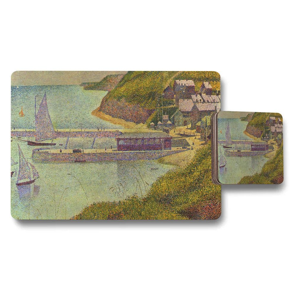 Vintage Coastal Harbor Placemats And Coaster Set With Seaside Scene