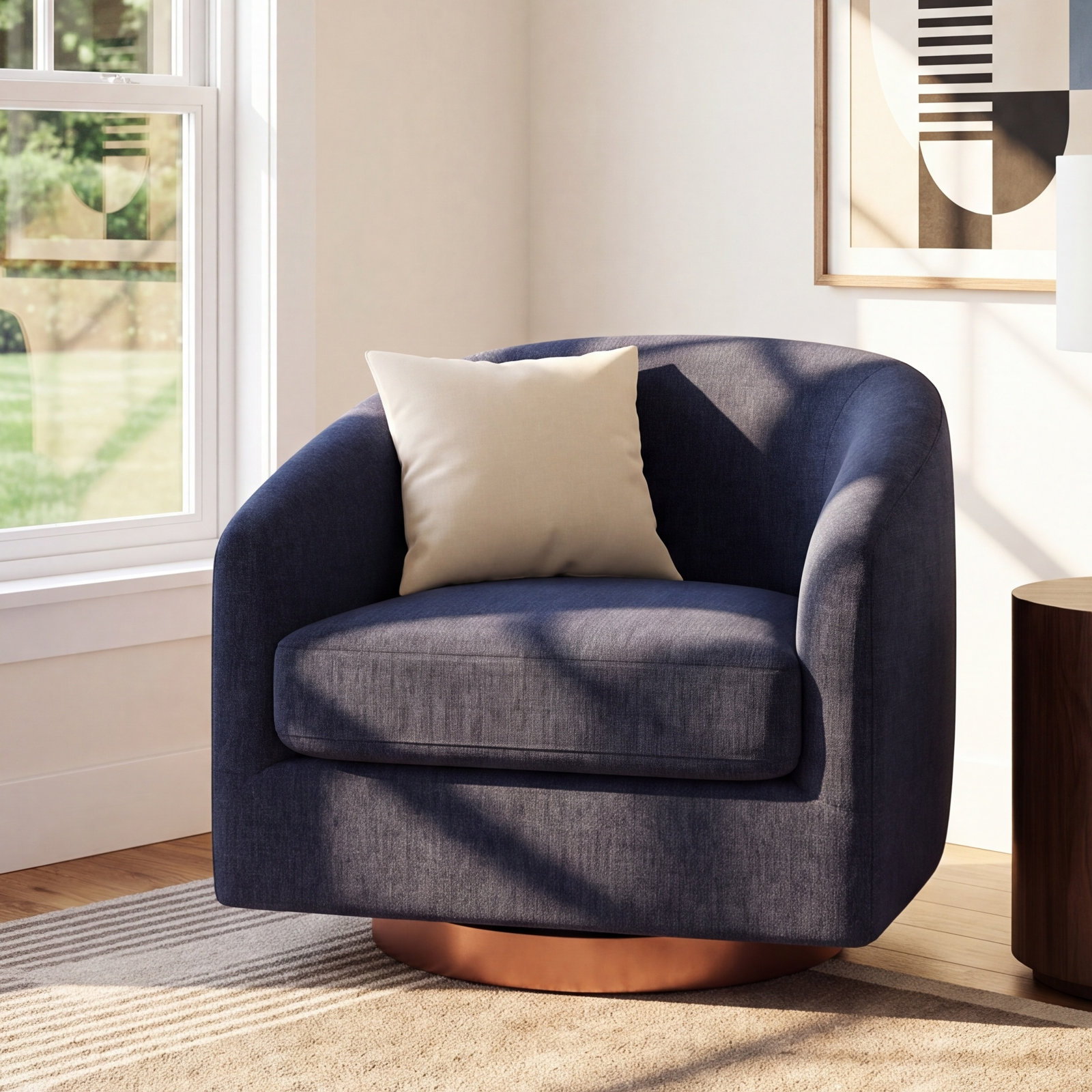 Bennett Upholstered Swivel Barrel Chair, Flannigan Midnight