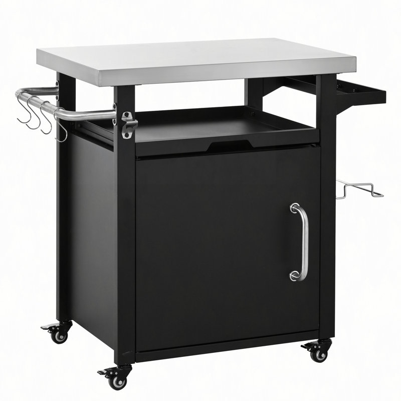 39.5" Outdoor Grill Cart with Storage Cabinet, Outdoor Bar Cart Pizza Oven Table with Wheels, Stainless Steel Top, Outdoor Kitchen Island with Spice & Paper Rack for BBQ, Waterproof Cover Included
