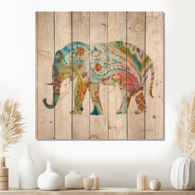 Boho Paisley Elephant II - Bohemian & Eclectic Print on Natural Pine Wood