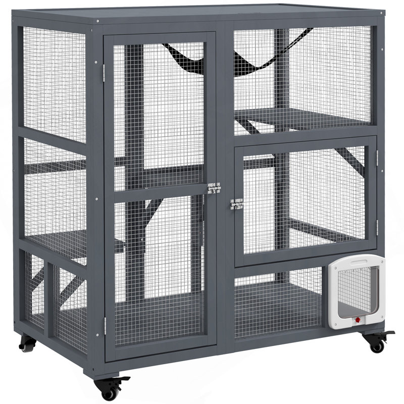 Maison pour chat, cage intérieure pour chat sur roulettes, cage pour chat en bois avec porte à rabat, hamac à plateforme et plateau ouvert pour 2 chats, 39 po