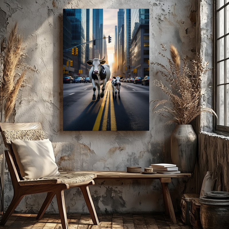 Toile dans un paysage urbain vibrant, une grande vache blanche avec art mural, H 12 po x l 9 po
