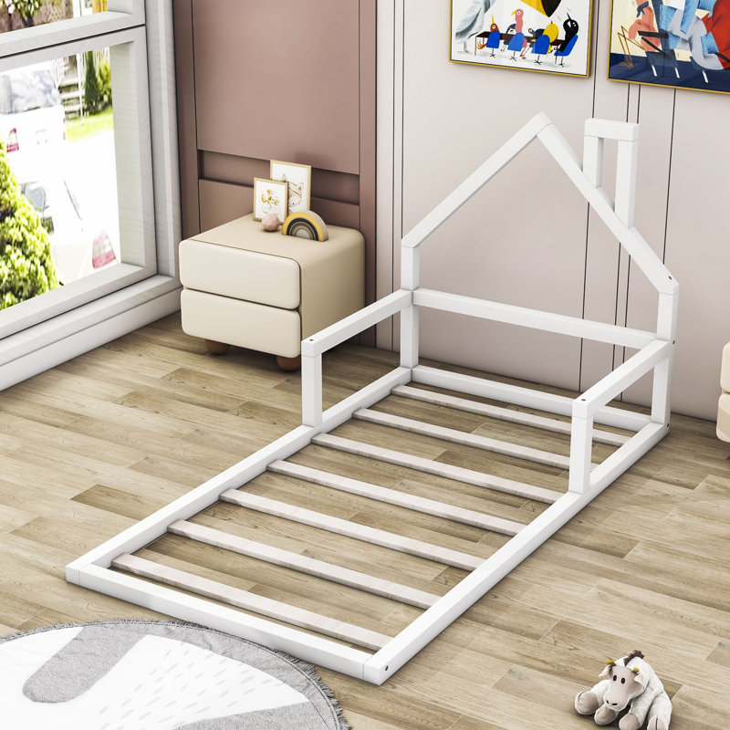 Wood Floor Bed with House-shaped Headboard, White, Twin