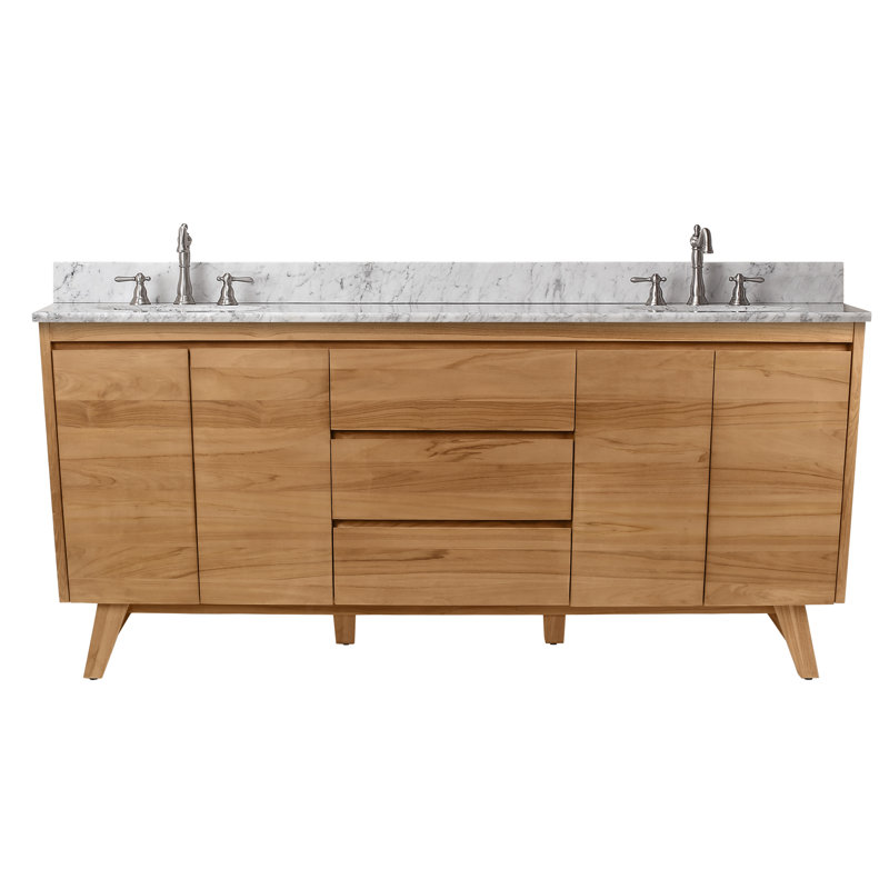 Coventry 72" Double Bathroom Vanity with Carrara Marble Top, Natural Teak