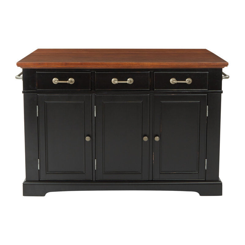 Hewish Wood Kitchen Island Set, Black/Vintage Oak with Black Stools