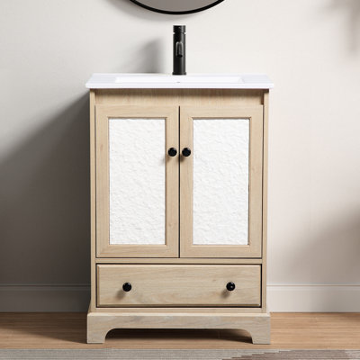 Base de meuble-lavabo en bois de 24 po de largeur, facile à installer, sans lavabo, robinet, poignées ou dessus, charnières dissimulées réglables à six voies avec fermeture en douceur et portes d'armoire florales