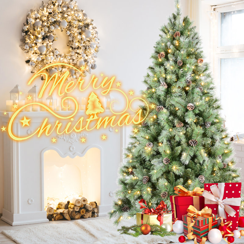 Arbre de Noël de 7 pi équipé de 400 lumières à DEL blanc chaud, 1348 pointes d'aiguilles mixtes et dures, 82 branches de pin, installation facile à charnières pour un joyeux matin, branches pré-enfilées, assemblage sans effort et
