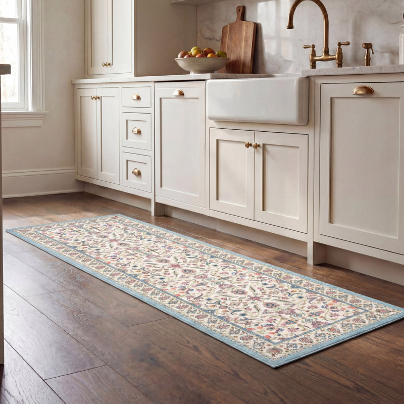 Laura Ashley Chatsworth Imagine Printed Chenille Washable Rugs, 24" x 72", Ivory/Multi