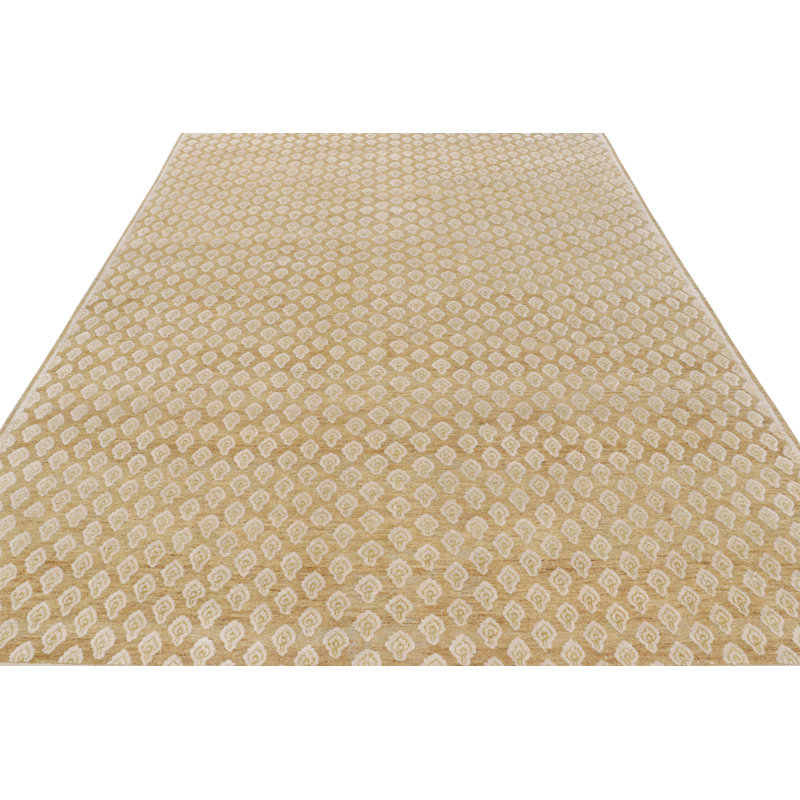 Rug & Kilim’S Modern Block Print Rug In Gold With Cream Floral Pattern, Rectangle 8' x 10'