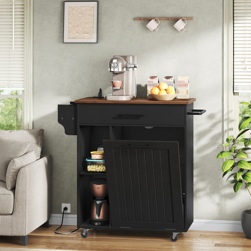 Kitchen Island, Kitchen Trash Cabinet, Kitchen Cart With Trash Can Cabinet, Wooden Tilted Trash Cabinet