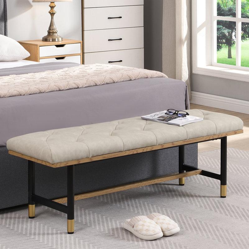 Beige Faux Leather Upholstered Bench with Gold Metal Shelf