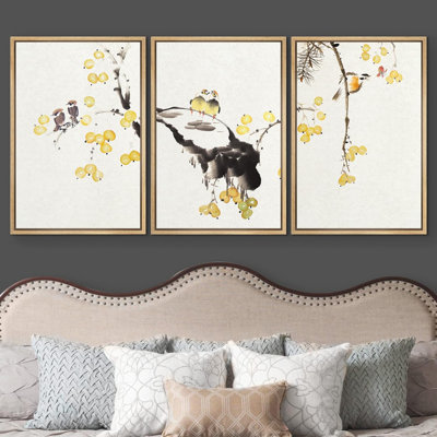 Chinese Ink Painting Style Birds on Tree Branch with Small Yellow Fruits Modern Wall Decor