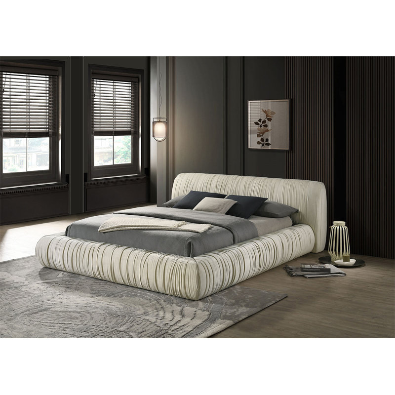 Lit plateforme tapissier contemporain en tissu de couleur ivoire 1pc, Grand lit, Ivoire ivoire