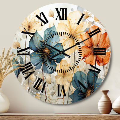 Teal Orange Petal Mosaics I - Abstract Botanicals Black Face Wall Clock