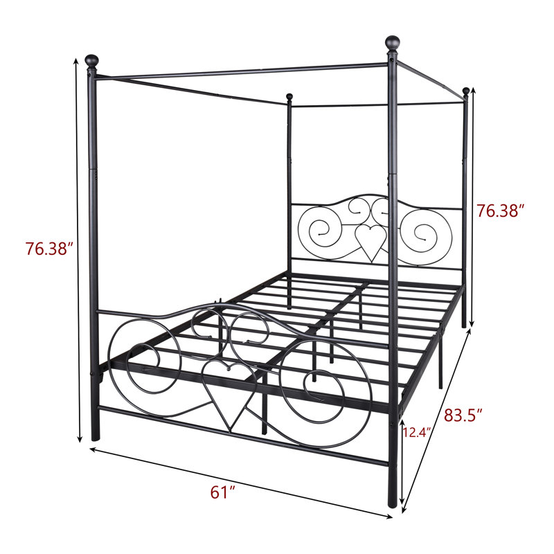Grand lit plateforme en métal avec baldaquin - silencieux, sans sommier tapissier, espace supplémentaire, design rétro noir robuste, silencieux, amplement de rangement facile à installer,