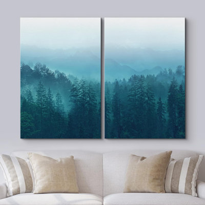«Teal Mist & Fog Forest Tree Valley Nature Landscape», impression sur toile, 2 pièces