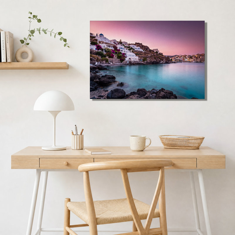 Tableau sur toile représentant des bâtiments blancs et un dôme bleu au coucher du soleil rose, 12"H x 18"W