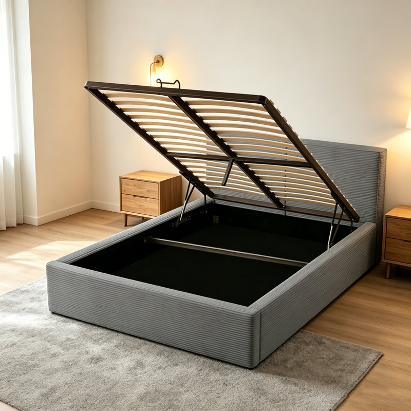 Corduroy upholstered bed with a winged headboard and a pneumatic lift mechanism with hydraulic storage – easy to assemble with just 26 screws