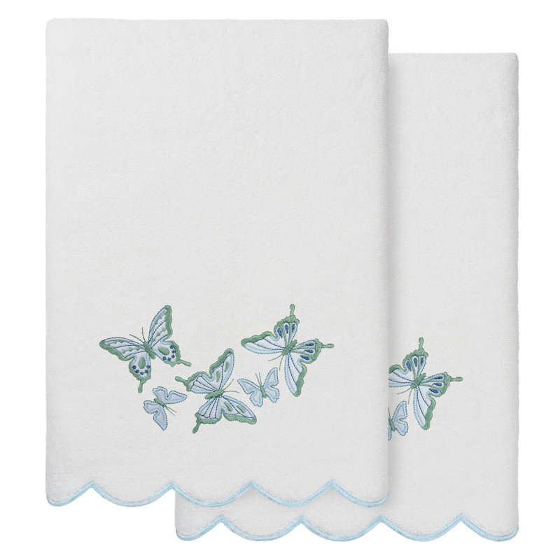  100% Turkish Cotton Britney Scallop 2Pc Embellished Bath Towel Set, White/Blue, Bath Towels - 2 Pack