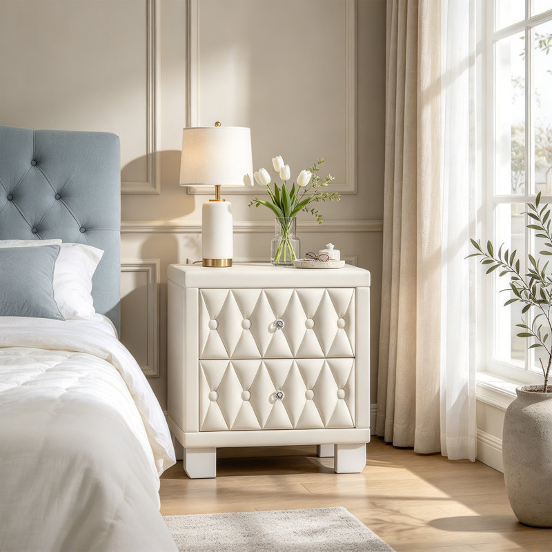 Table de chevet en velours beige avec 2 tiroirs, poignées en cristal, capitonnage à boutons, idéale pour la chambre à coucher.