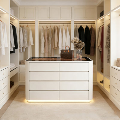 59.06" Rectangular transparent tempered glass countertop, beige solid wood multi-layer board cabinet, jewelry storage cabinet