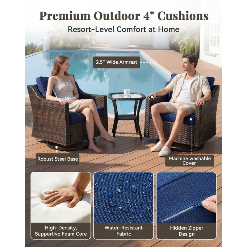 Patio Furniture Set 3 Pieces Luxury Outdoor Bistro with Swivel Rocker Chairs and Side Table, Easy Assembly Conversation Set for Porch Deck Balcony Yard in Brown Wicker and Blue Cushions