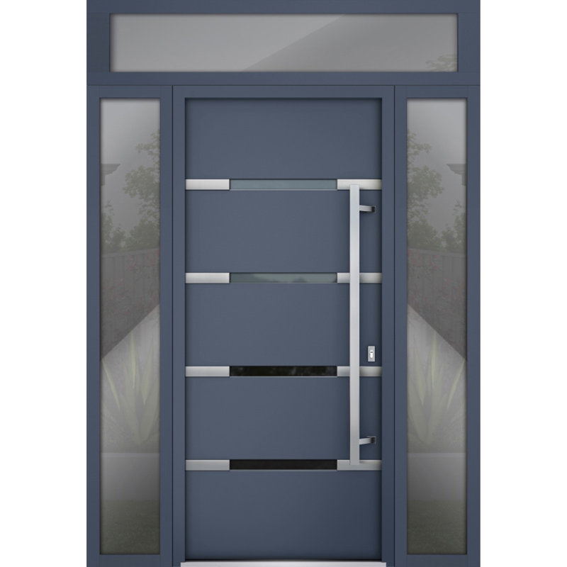 Porte avant en acier pré-suspendue à l'avant / deux graphites gris 1105/2 fenêtres extérieures latérales et supérieures / inserts en acier inoxydable peints simples modernes - l 12 + 36 + 12 po x H 80 + 16 po - Gauche