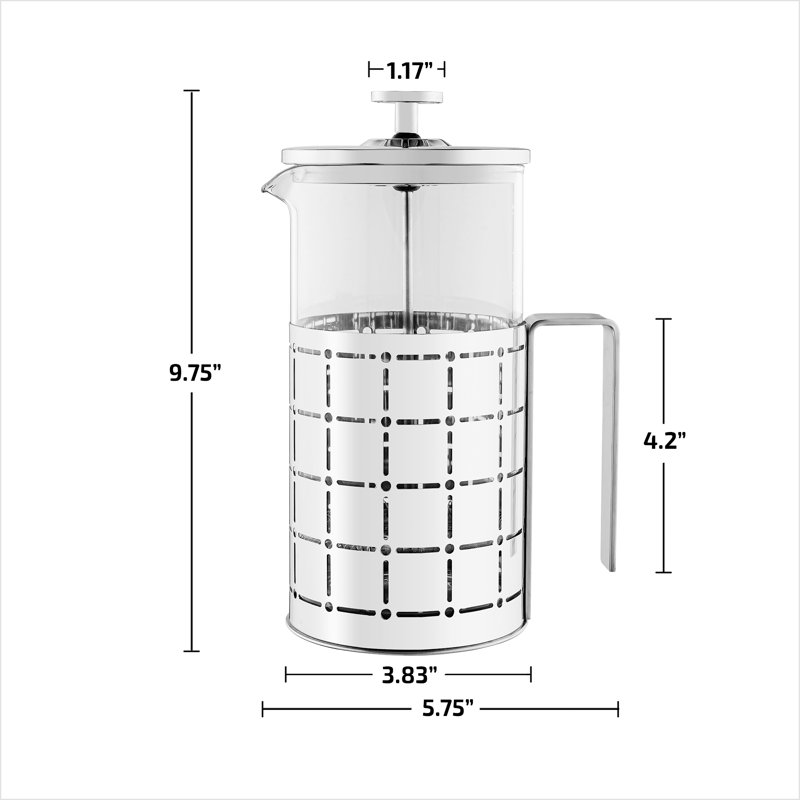 OVENTE French Press Coffee Maker 27 Ounce with Heat Resistant Borosilicate Glass, Stainless Steel Design and 4-Level Filter System, Portable Cold Brewer Pot for Travel, Camping or Gift, Silver FSS27P