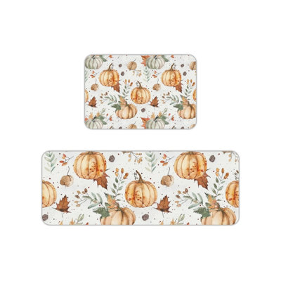 White Watercolor Pumpkin Kitchen Mats, Set of 2, for Kitchen & Bathroom