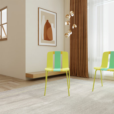 Ensemble de 4 chaises à blocs de couleurs modernes à rayures - Siège en plastique PP intérieur / extérieur et pieds en métal robustes, jaune éclatant, orange, vert - pour le salon, le balcon, le café, la terrasse