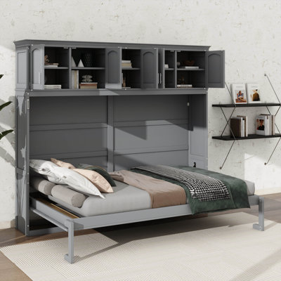Queen Size Collapsible Murphy Bed, Wall-Mounted Bed Frame With Upper Cabinets, Hidden Platform Bed