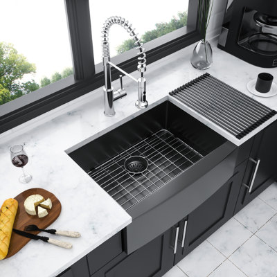 27" Gunmetal Black Kitchen Sink, 16Gauge Stainless Steel, R10 Rounded Design, Smooth Drainage, 27X21x10 Inch 27 Black, Steel 16G, Maintains Sanitation,