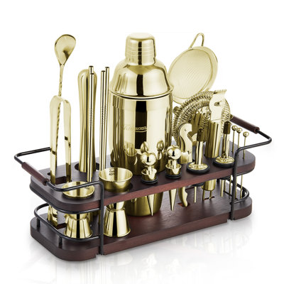 KITESSENSU Cocktail Shaker Set Bartender Kit with Stand | Complete 24-Piece Bar Set Cocktail Kit with All Bar Accessories: Martini Shaker, Jigger, Mud