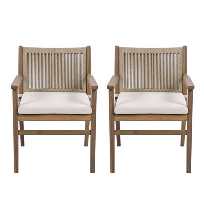 Set Of 2 Outdoor Dining Chairs, Acacia Wood Patio Armchairs With Rope Back Design, Water-repellent Cushions, Light Brown, 400lbs Capacity by Rosecliff Heights
