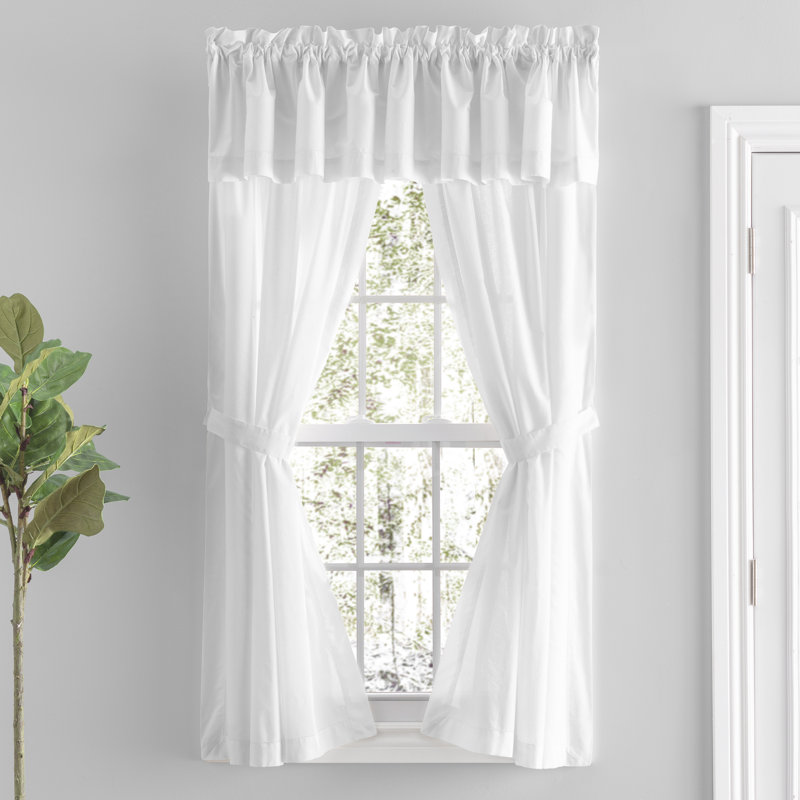 Blandford Premium 100% Cotton Solid Hemstitch Semi-Sheer Rod Pocket Curtain Panels with Tie-Backs, White, 40" x 84"