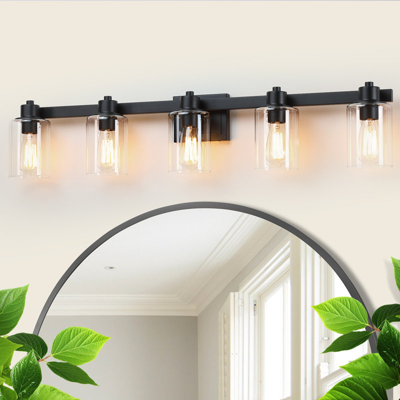 Éclairage pour salle de bain 40 po à 5 lumières noir mat avec abat-jour en verre, 5 lumières, Noir mat