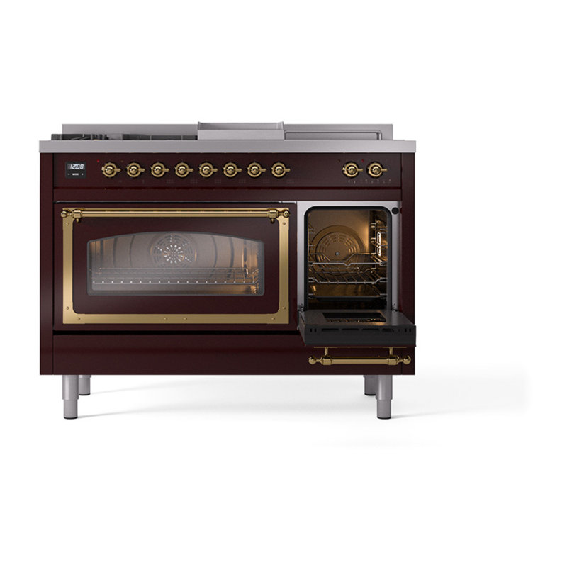 ILVE Nostalgie II Noblesse 48 inch Dual Fuel Range (5 Sealed Burners + Griddle + French Top, Triple Glass Door), Burgundy