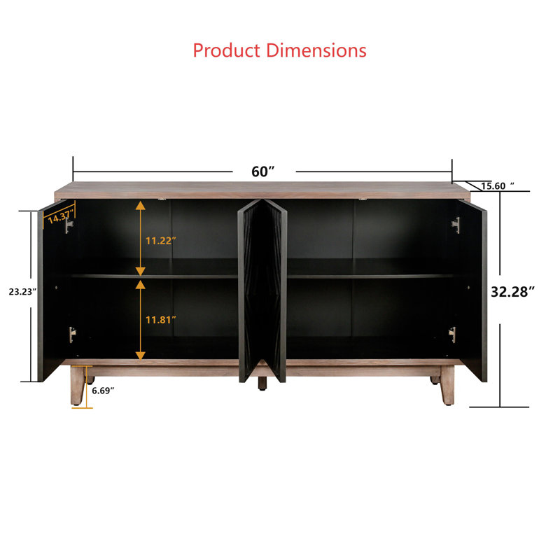 Buffet Mid-Century Mid-Century - Noir antique, 60 po de largeur, 4 portes à motif de losanges, pieds en bois massif, console pour salle à manger et salon