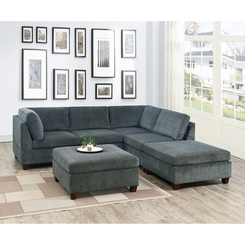 Canapé modulaire moderne en chenille 6 gris avec 2 canapés d'angle, fauteuils sans accoudoirs et repose-pieds pour un coin de salon élégant