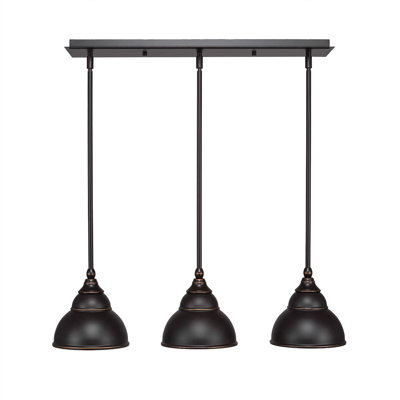 3 Light Stem Hung Linear Pendalier With 7" Double Bubble Metal Shades