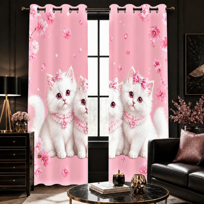 2 pièces mignon chatons moelleux avec des arcs et des fleurs imprimé rideaux bloquant le soleil, style adorable de bande dessinée, obscurcissant décoratif pour les enfants pour la maison Dector