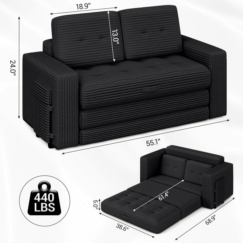 Boneless Pull Out Loveseat Boneless Couch,Sleeper Sofa, Folding Couch Bed with Pillow for Living Room Bedroom, Black, Black