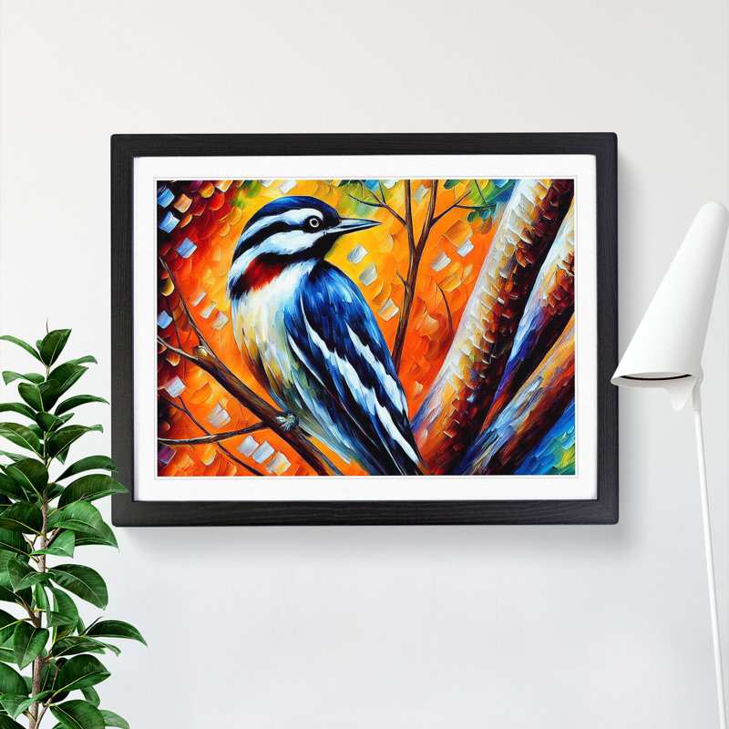 Woodpecker Bird Vol.4 Abstract - Single Picture Frame Painting, Black, 25cm H x 34cm W x 2cm D