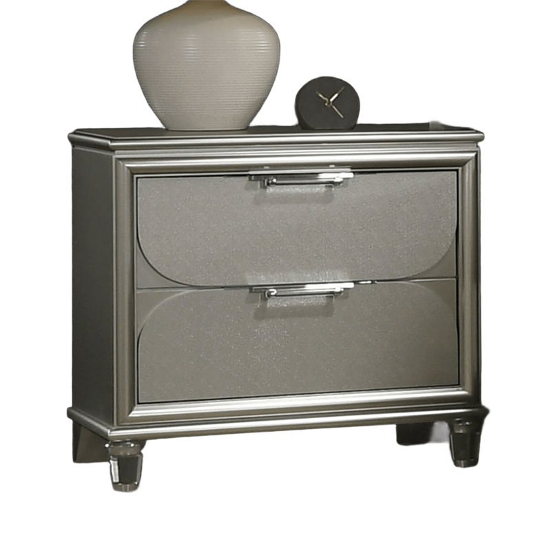 Contemporary Silver 1Pc Nightstand Acrylic Handles Embossed Panels English Dovetails 2-Drawers Bedside Table (Only Nightstand)