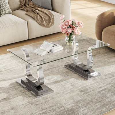 Table basse moderne en verre, plateau en verre trempé transparent de 120 cm (47,24 po) avec piètement double incurvé en acier inoxydable