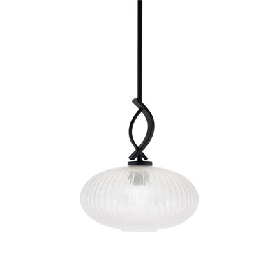 Mini-luminaire suspendu avec tige Cavella au fini noir mat avec micro-verre nervuré de 12 po