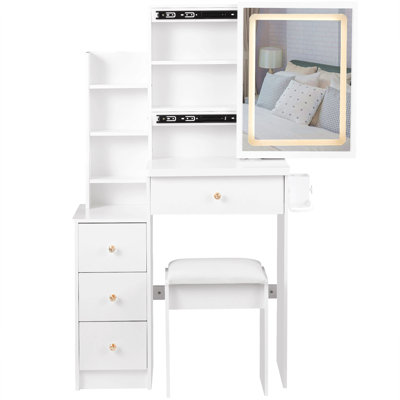 Petite coiffeuse de 29,2 po avec tabouret de chevet gauche + tabouret rembourré, centrale électrique 2 AC + 2 USB, support pour séchoir à cheveux, très grand miroir coulissant à commande tactile, changement de luminosité tricolore, réglage de la luminosité