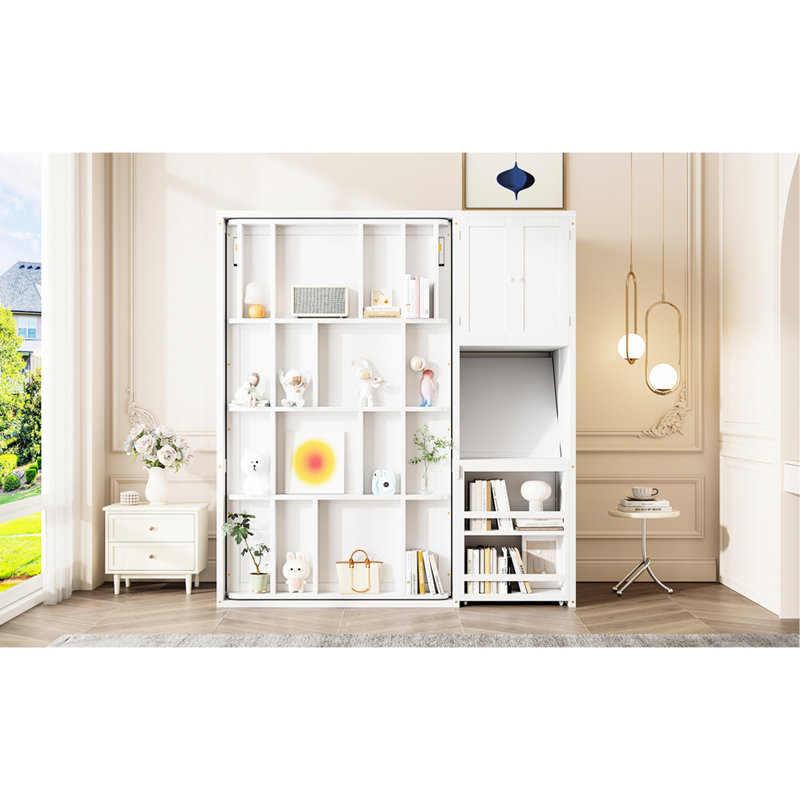 Lit escamotable mural simple en blanc, conception peu encombrante avec armoire supérieure, bureau extensible et tablettes latérales, fabrication durable